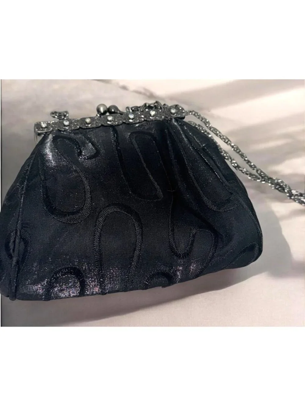 Vintage Black Satin Evening Bag With Rhinestone Clasp & Chain Strap